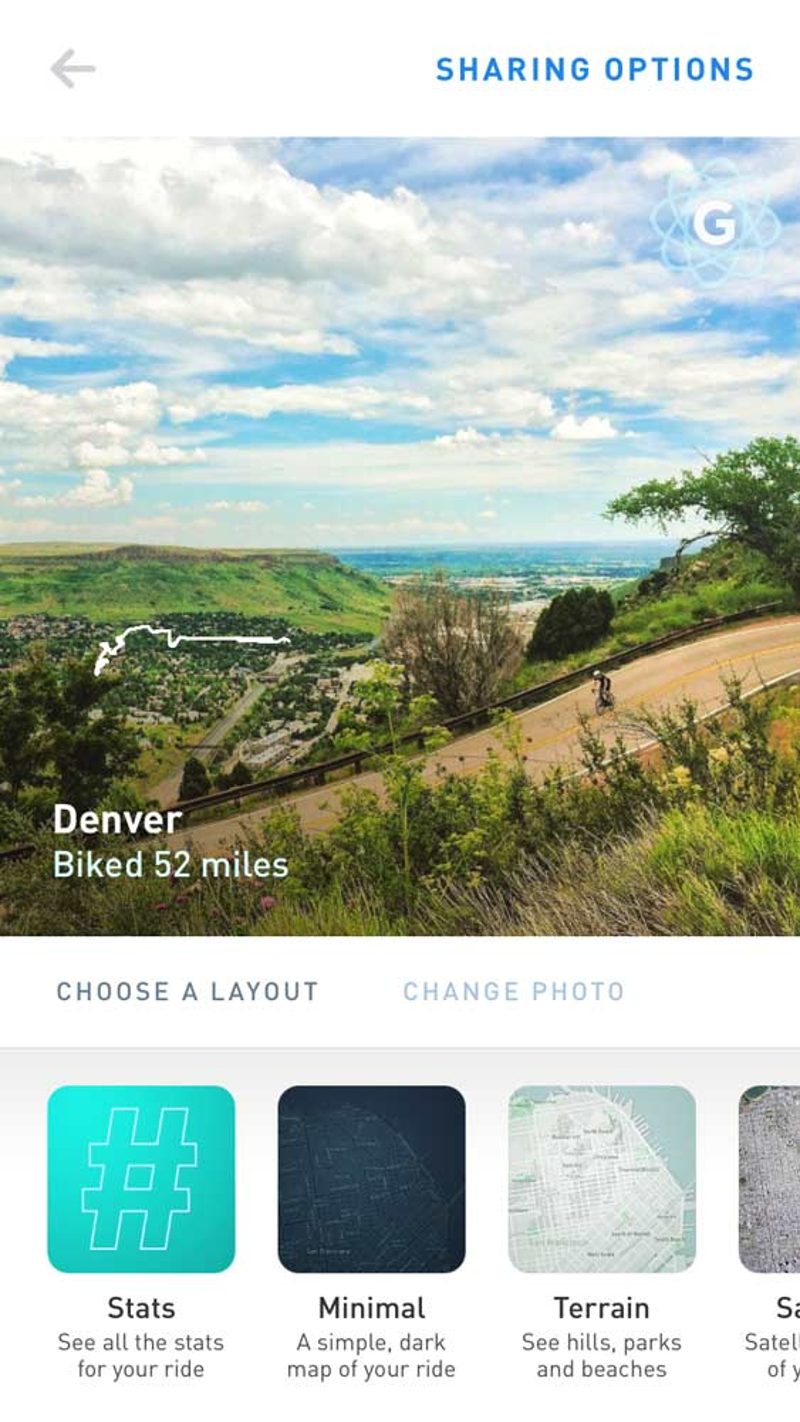 Cycling by Gyroscope, the test app next to Running: a 52 mile ride in Denver over a photo, with layouts to pick from