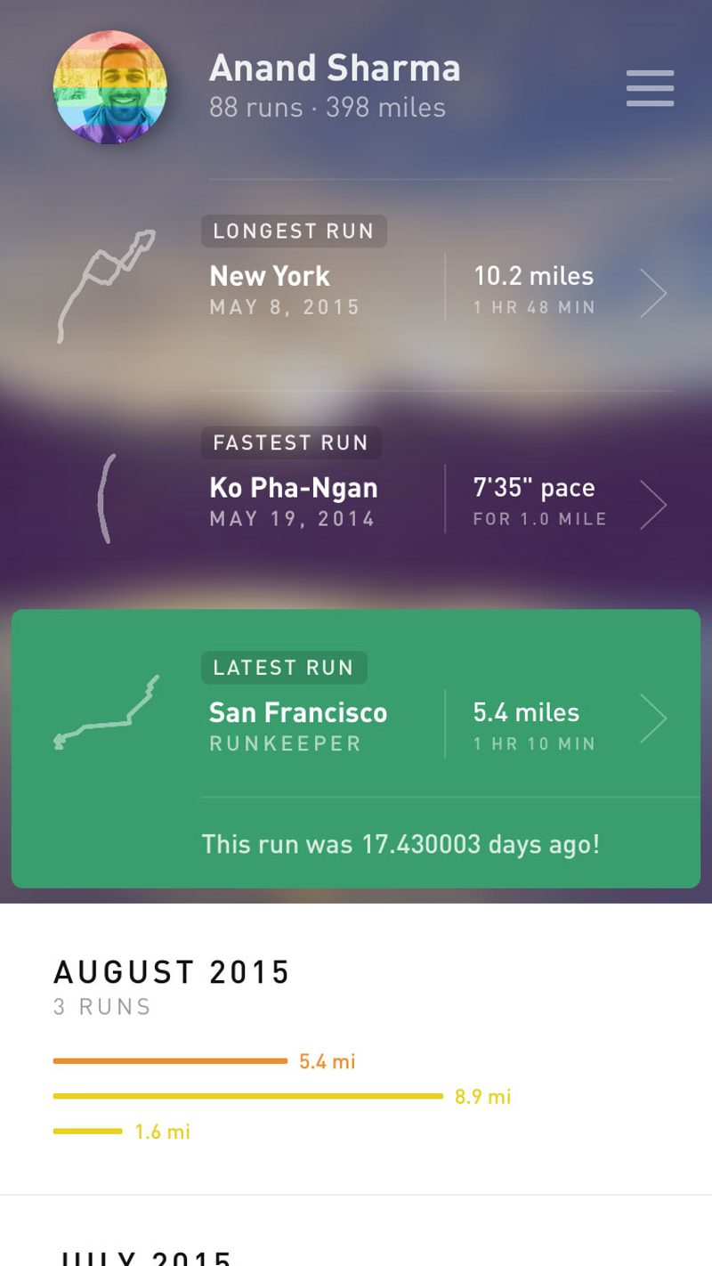 Running by Gyroscope profile with the longest, fastest and latest runs