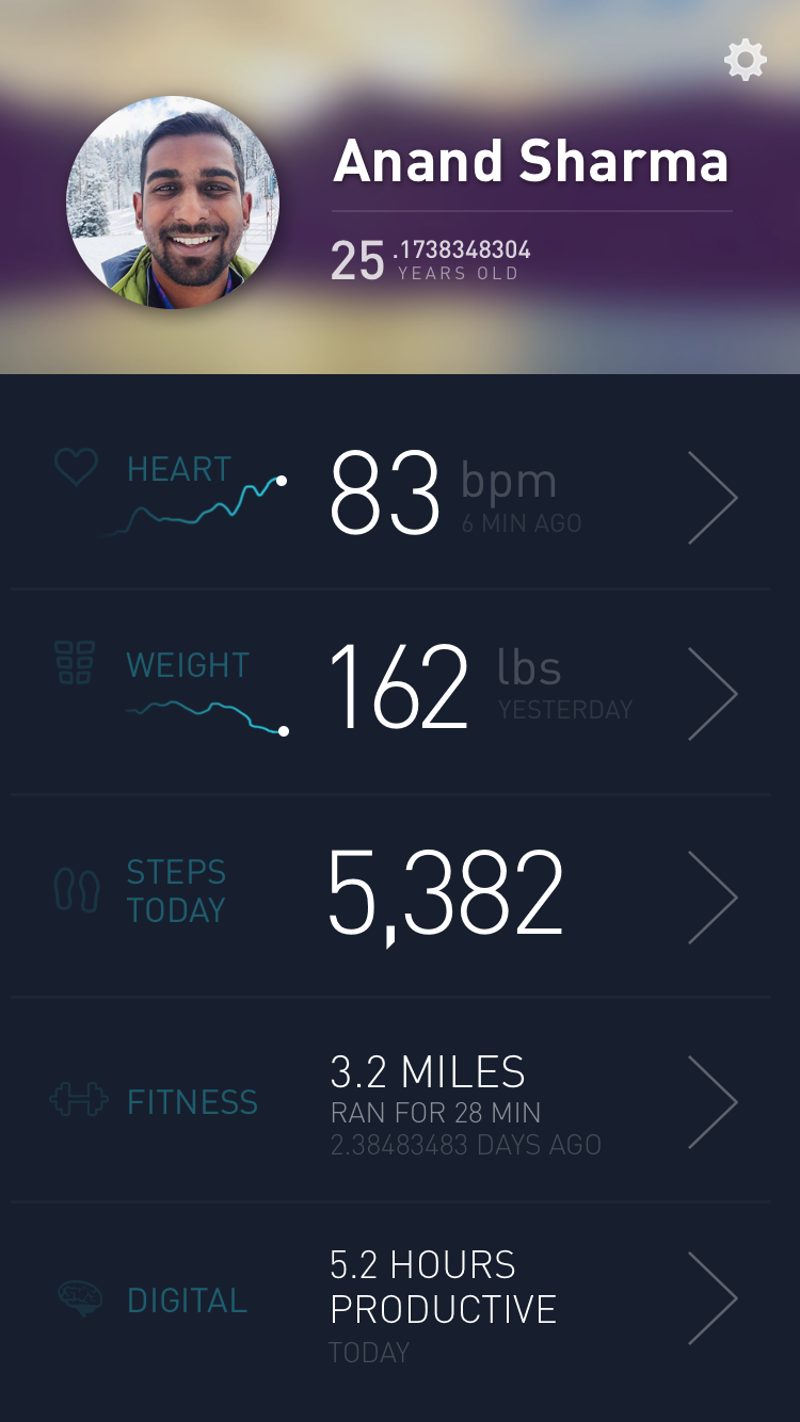 Early Gyroscope app mockup of a profile with heart rate, weight, steps and running totals