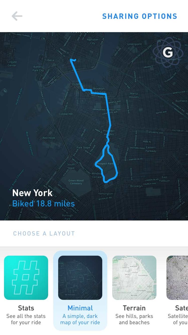 Cycling by Gyroscope, the test app next to Running: a ride in New York on a dark map, with layouts to pick from