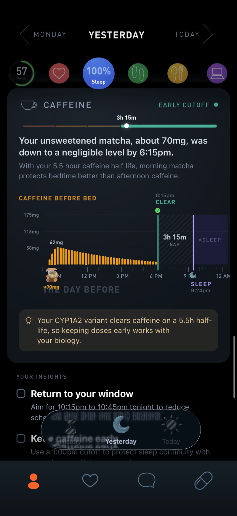 Gyroscope V10, sleep: Caffeine before bed