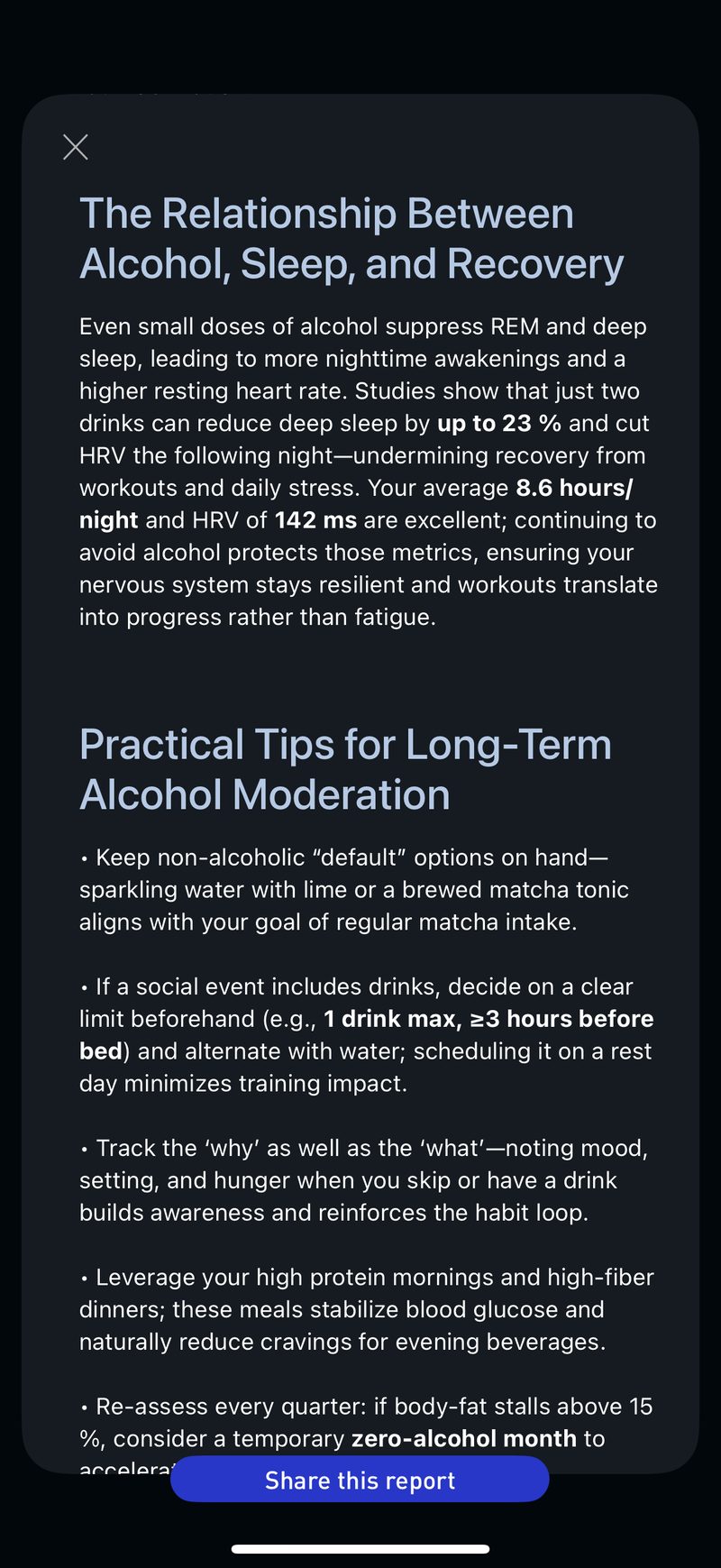 Gyroscope V8, reports: Alcohol and sleep report