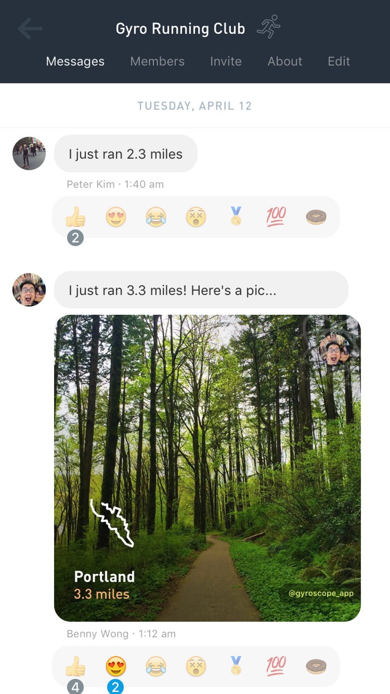 Gyroscope V1 Multiplayer running club feed with runs shared by members and emoji replies