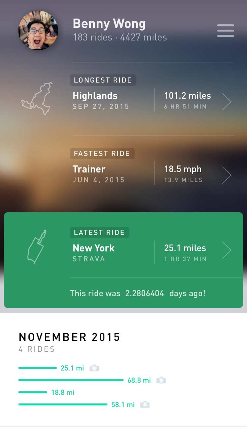 Cycling by Gyroscope, the test app next to Running: a rider profile with the longest, fastest and latest rides