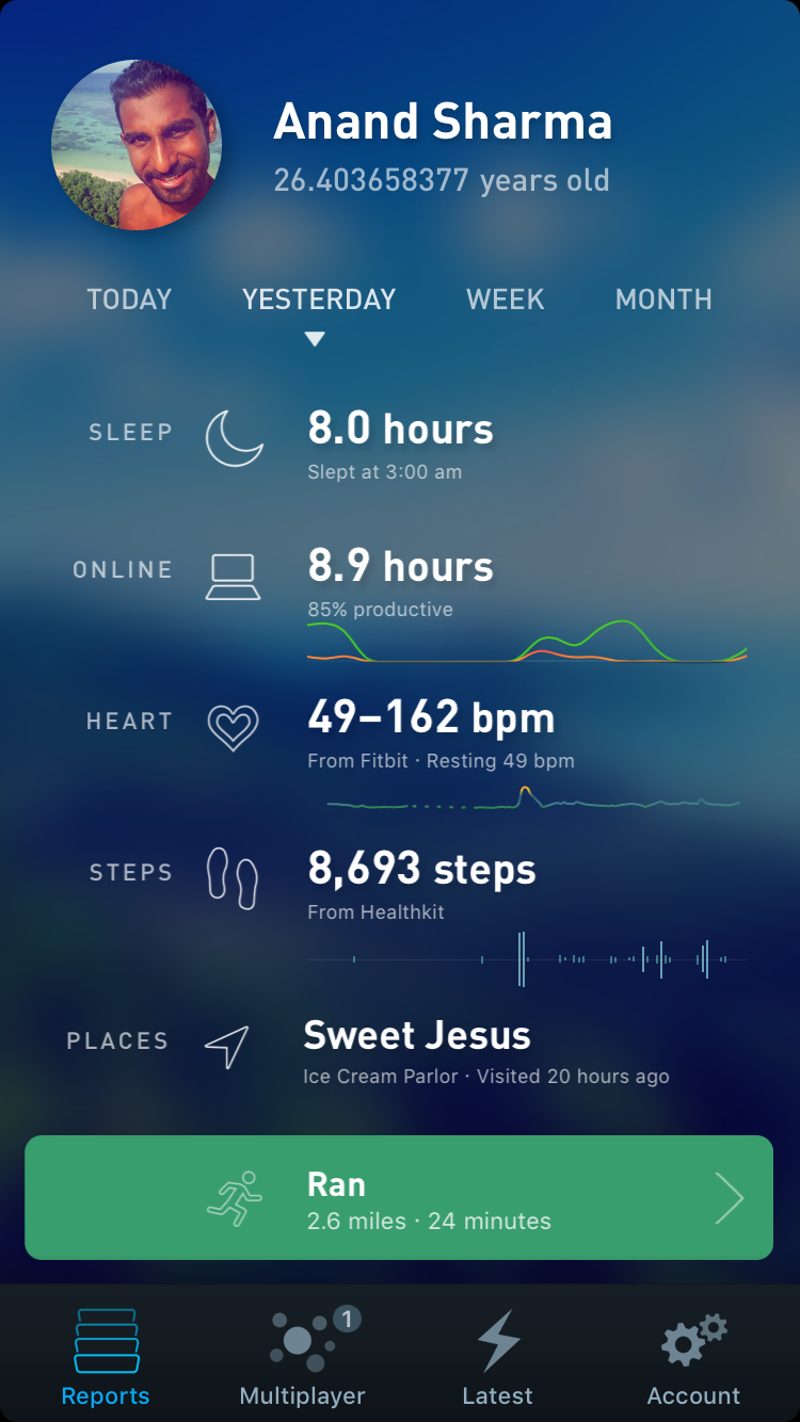 Gyroscope V1.7 Simple mode listing sleep, time online, heart rate, steps and places