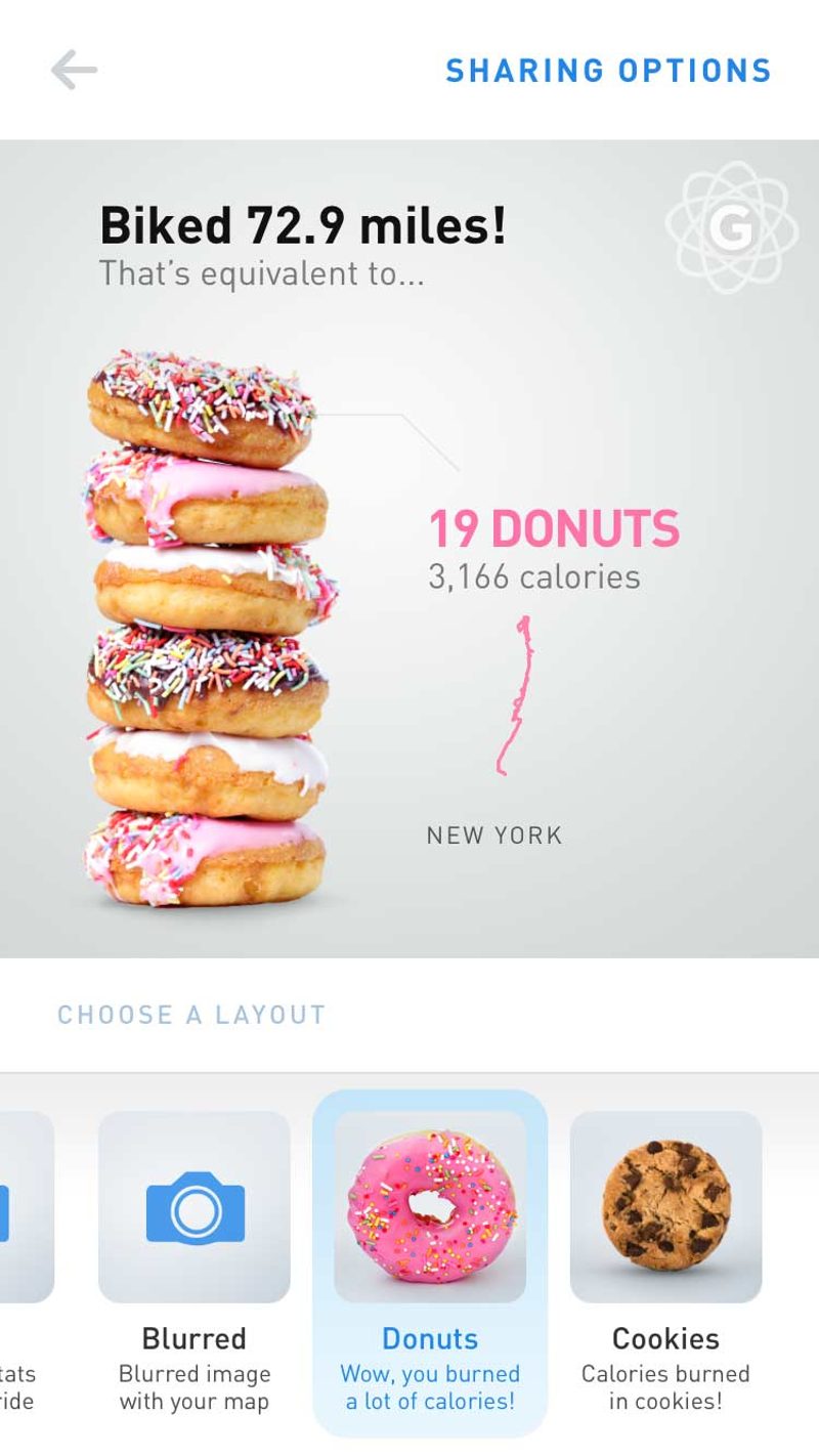 Cycling by Gyroscope, the test app next to Running: a 72.9 mile ride counted as 19 donuts