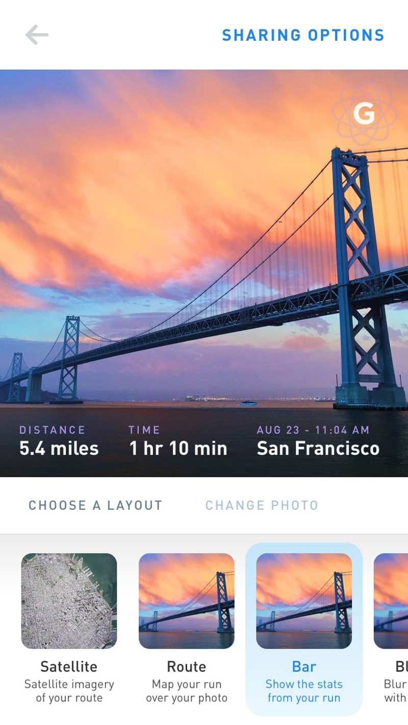 Running by Gyroscope sharing options with a photo of the Bay Bridge and layouts to pick from