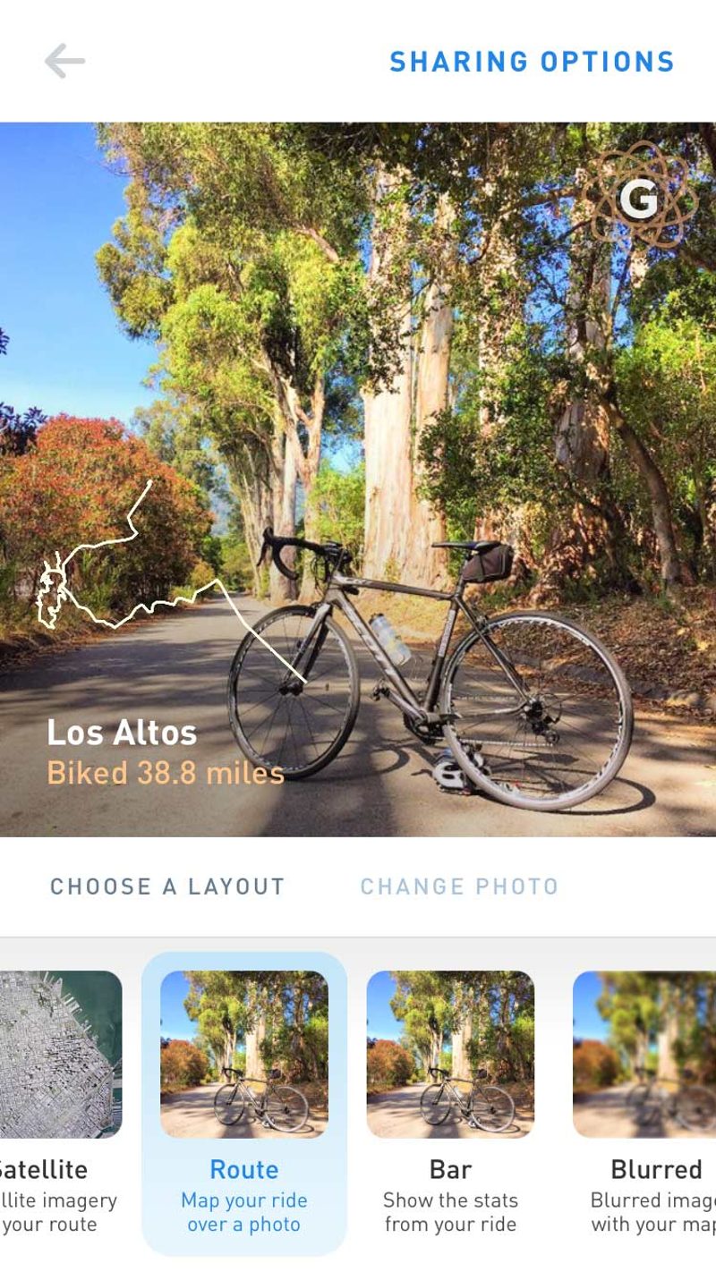 Cycling by Gyroscope, the test app next to Running: a ride in Los Altos over a photo of a bike on a trail