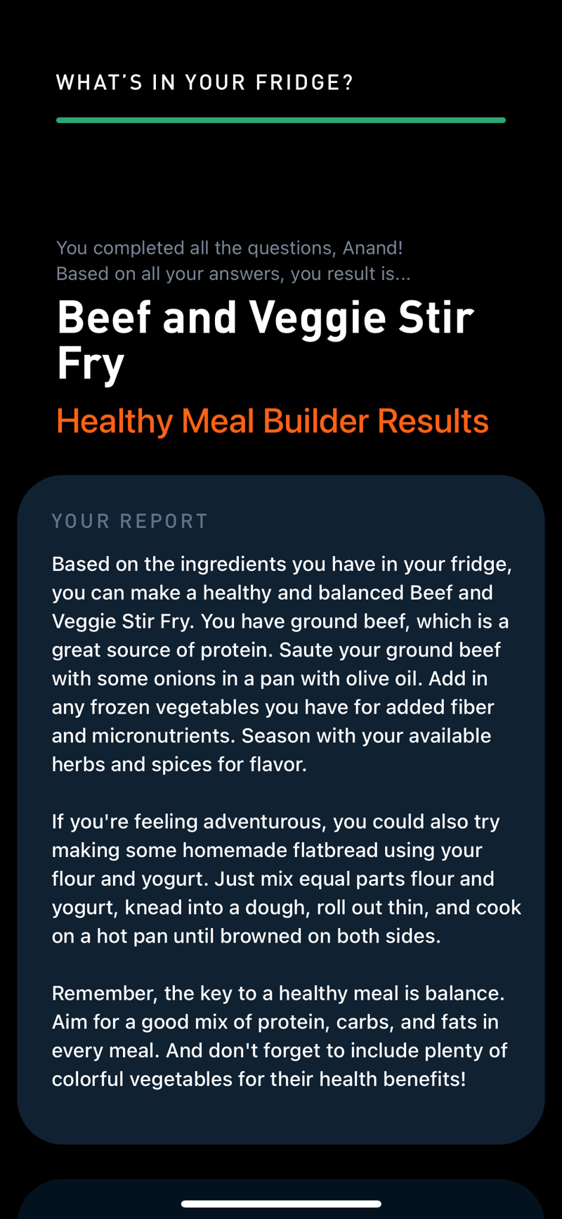 Gyroscope V6, food: Fridge meal builder