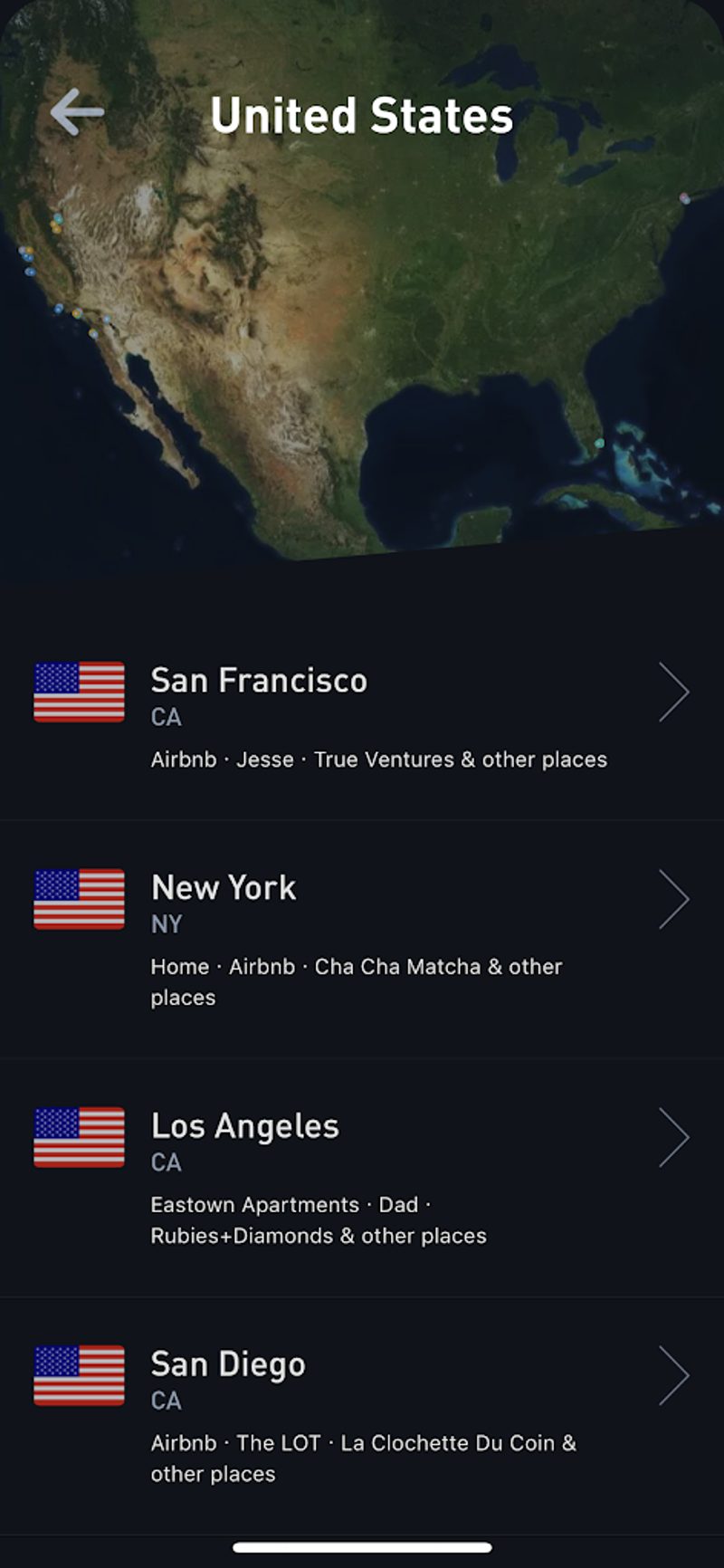 Gyroscope V2 Places list of cities visited in the United States